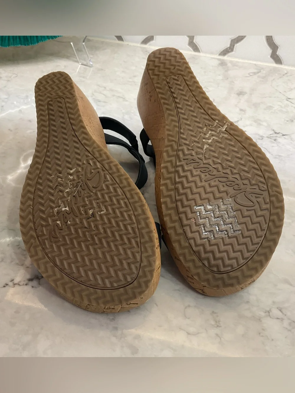 Skechers Black Beaded T-Strap Sandals with Tan Footbed